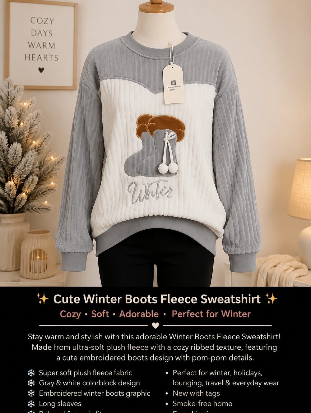 Cozy Winter Velvet Pullover Sweatshirt - Gray & White with Brown Accent